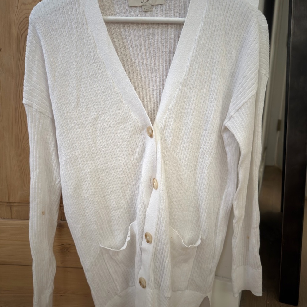 LOFT Cream Ribbed Button-Front Women's Cardigan